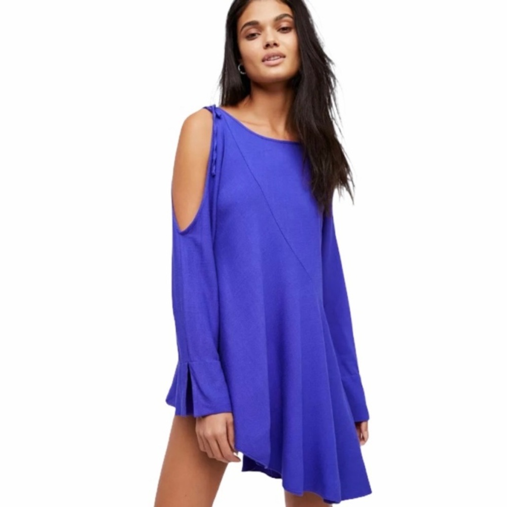 Free People Women Clear Skies Tunic Dress Size S Boho Open Shoulder Solid Purple